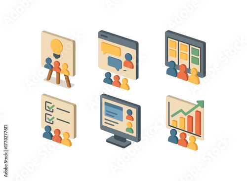 isometric icon items isolated on white background teamwork brainstorming board teamwork chat interface teamwork Kanban board teamwork task board teamwork collaboration hub teamwork synergy