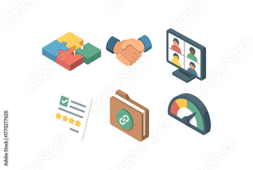 isometric icon items isolated on white background teamwork puzzle pieces set teamwork handshake icon teamwork video call screen teamwork feedback form teamwork shared drive teamwork rapport