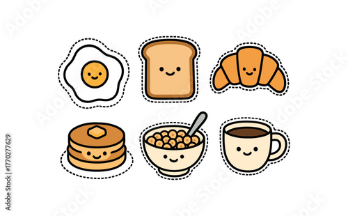 cute breakfast set with bold black outline and dotted border including fried egg toast croissant pancake cereal bowl and coffee cup simple details minimal style isolated on white background