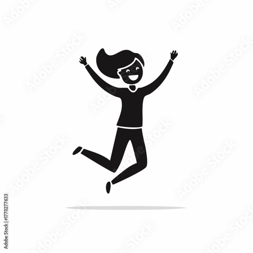Joyful young woman celebrating and jumping in the air, a minimal black silhouette icon expressing happiness and success on a white background