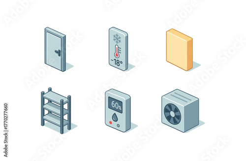 isometric icon items isolated on white background cold storage freezer door cold storage temperature sensor cold storage insulation panel cold storage shelving rack cold storage humidity