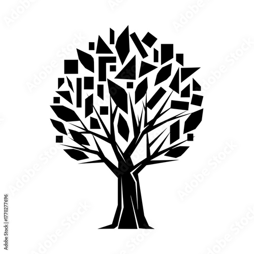 Abstract tree silhouette with geometric leaves, a modern nature concept
