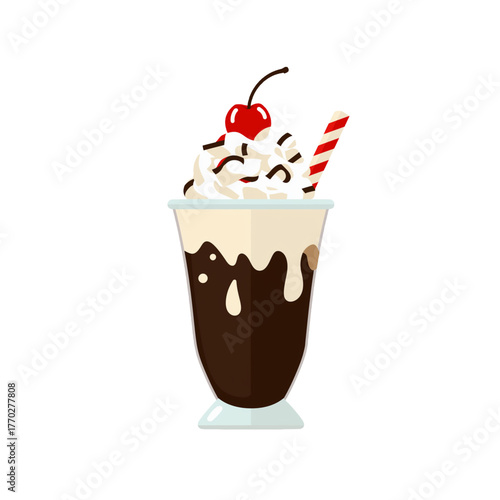 flat 2D icon vector illustrator of milkshake with whipped cream and cherry
