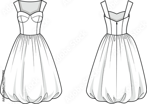 Technical flat sketch of girls dress with sweetheart neckline, bubble hem skirt, fashion apparel template, clothing vector, garment construction illustration