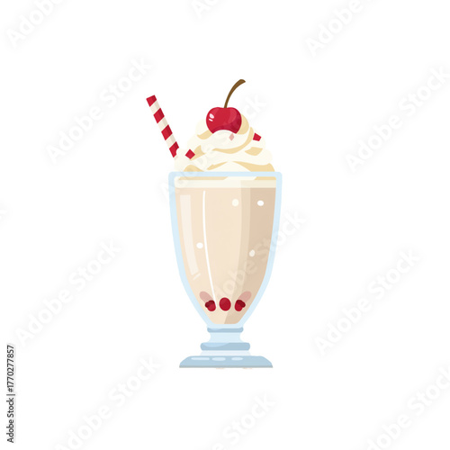 flat 2D icon vector illustrator of milkshake with whipped cream and cherry