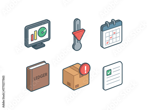 isometric icon items isolated on white background stock controller dashboard stock controller reorder point indicator stock controller cycle count schedule stock controller ledger book
