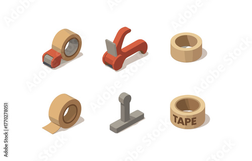 isometric icon items isolated on white background sealing tape dispenser sealing tape roll cutter sealing tape core ring sealing tape adhesive backing sealing tape tension sealing tape