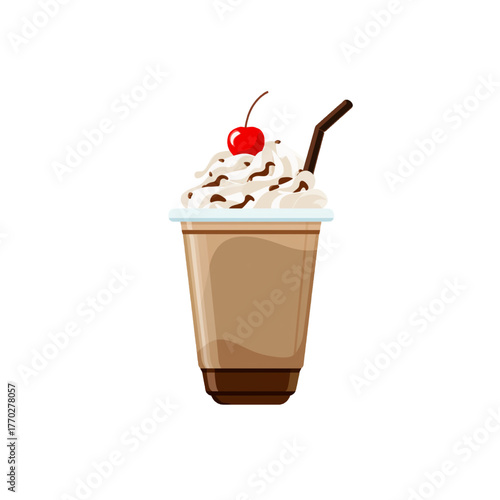 flat 2D icon vector illustrator of milkshake with whipped cream and cherry