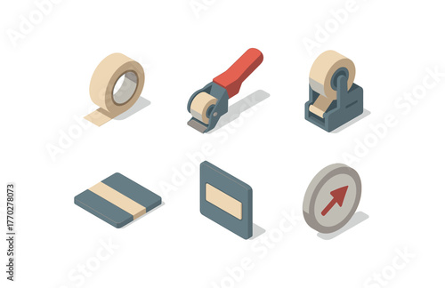 isometric icon items isolated on white background sealing tape supply reel sealing tape primer applicator sealing tape rewinder sealing tape moisture barrier sealing tape label slot sealing