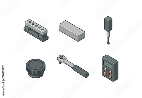 isometric icon items isolated on white background precision sine bar precision reference standard precision CMM probe precision focus knob precision torque wrench precision data logger
