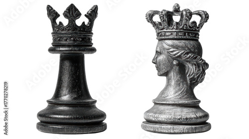 King and queen chess pieces, queen with a realistic human face