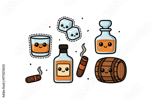 cute whiskey drinks set with bold black outline and dotted border including whiskey glass whiskey bottle ice cubes cigar decanter and barrel simple details big round eyes minimal style