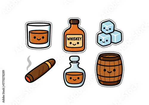 cute whiskey drinks set with bold black outline and dotted border including whiskey glass whiskey bottle ice cubes cigar decanter and barrel simple details minimal style isolated on white