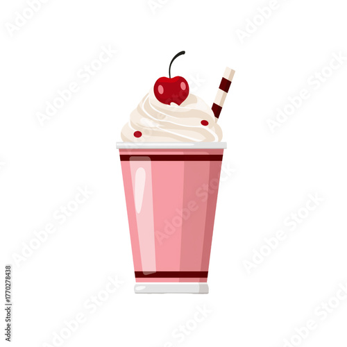 flat 2D icon vector illustrator of milkshake with whipped cream and cherry
