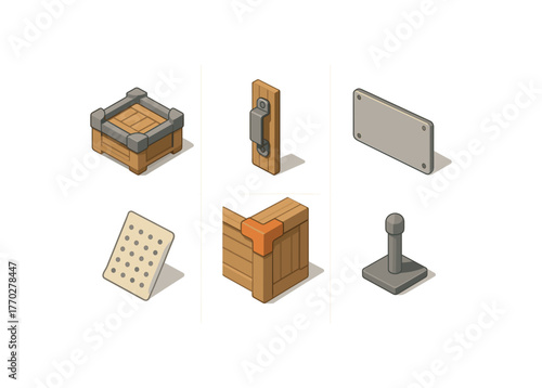 isometric icon items isolated on white background cargo crate shock mount liner cargo crate seal latch cargo crate label plate cargo crate moisture absorber cargo crate corner protector