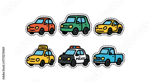 cute cars set with bold black outline and dotted border including sedan suv sports taxi police and pickup truck simple details colorful minimal style isolated on white background