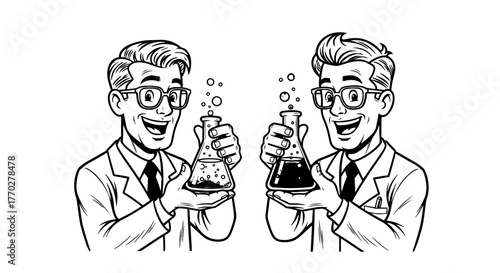 Enthusiastic Scientists Conducting Research with Flasks in Laboratory, Celebrating Discovery. Modern Science Professionals in Experimentation.  Analytical Chemistry, Healthcare Innovation, Scientific