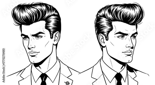 Retro Man with Pompadour Hairstyle: Stylish Male Portrait in Classic Look, Handsome Character for Fashion, Advertising, or Design Projects, Comic Book Style, Vector Illustration with Detailed Features