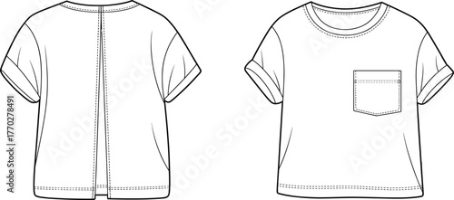 Technical flat sketch of rolled sleeve t shirt with chest pocket and back seam, fashion apparel template, clothing vector illustration