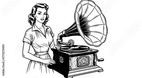 Retro Woman Listening to Vintage Phonograph: Nostalgic Music Entertainment at Home, Classic Era Style, Antique Gramophone Playing Vinyl Record, Conceptual for Audio History & Cultural Lifestyle, Elega