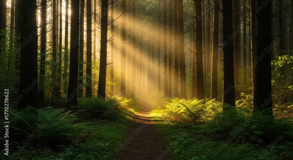 Fototapeta premium Sunlight streams through the trees in a lush green forest, illuminating a path covered in fallen leaves