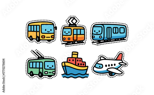 cute public transport set with bold black outline and dotted border including bus tram train trolleybus ferry and airplane simple details colorful minimal style isolated on white background