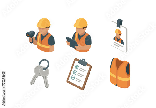 isometric icon items isolated on white background warehouse clerk handheld scanner warehouse clerk inventory tablet warehouse clerk badge ID card warehouse clerk key ring warehouse clerk