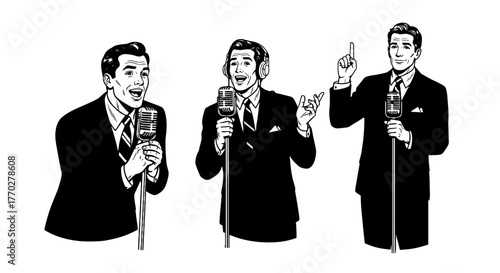 Retro Announcers Speaking at Microphones Delivering News, Radio Hosts in Dark Suits, Professional Speakers in 1950s Style, Classic Presentation, Entertainment Industry, Podcast Recording, Voice Over,