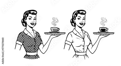 Retro Waitress Serving Coffee: 1950s Diner Scene Illustration, Vintage Style Server Holding Tray, Black and White Nostalgic Art, Hospitality Theme, Restaurant Marketing Graphics, Menu Design Element,