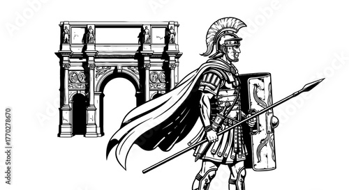Roman Centurion Guarding Archway: Ancient Warrior Protects Triumphal Arch in Rome, Standing Sentinel with Spear & Shield - Ideal for Historical Documentaries, Educational Materials, & Classical Art Pr