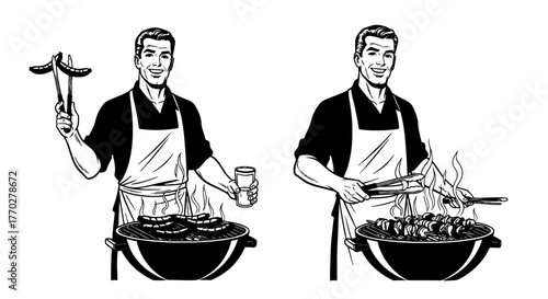 Retro Grill Master Cooking Outdoors at Summer BBQ Gathering, Preparing Grilled Sausages and Kebabs at a Backyard Barbecue Party, Vintage Style Illustration for Food Marketing, Advertising, & Family Li