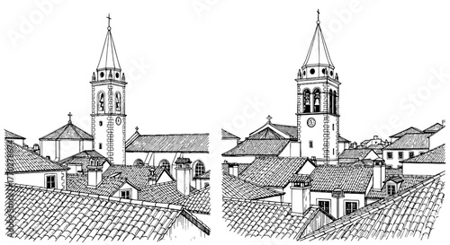 Detailed Pen-and-Ink Sketch of a Quaint European Town with Historic Church: Capturing the Essence of Old-World Charm in an Architectural Study Ideal for Travel Brochures, Educational Materials, and Ar