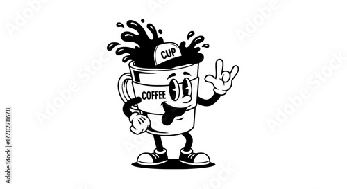 Retro Coffee Cup Character Giving Rock On Sign with Splashing Brew - Fun Mascot Illustration for Cafe Branding, Marketing, and Advertising, Vector Cartoon Graphic Element for Logo Design and Trendy De
