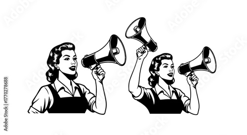 Empowered Women Making Announcements with Megaphones: Retro Style Activism, Inspiring Social Change and Collective Action, Promoting Unity and Advocacy, Vintage Black and White Illustration for Market