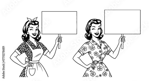 Retro Housewives Holding Signs for Advertising: 1950s Women Promoting Change in a Vintage Style, Ideal for Marketing Campaigns, Educational Materials, and Graphic Design Projects with a Nostalgic, Fun
