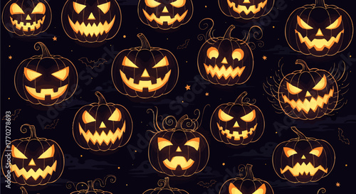 Spooky Halloween Night Pattern with Glowing Jack-o'-Lanterns and Flying Bats - Festive Seasonal Background Design for October Celebrations