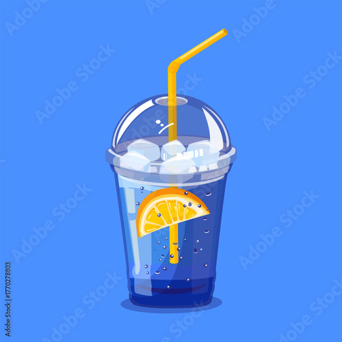 Refreshing blue soda with lemon slice and ice cubes in a clear plastic cup perfect for summer, cafe, or beverage illustration.