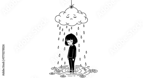 Sad Girl Stands in Rain Underneath a Sad Cloud: Expressing Depression and Anxiety in a Conceptual Illustration About Mental Health in Modern Life, Drawn in Black and White for Emotional Impact (Advert