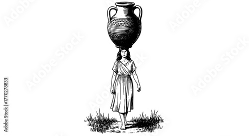 Woman Carrying Amphora on Head in Ancient Style: Historical Representation of Tradition, Barefoot on Grassy Path, Symbolizing Strength and Balance for Education, Culture & Lifestyle Content, Black and