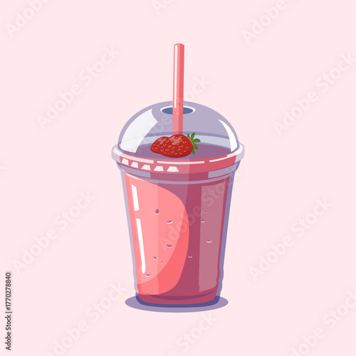 Fresh strawberry smoothie with pink color served in a plastic cup perfect for healthy drink, dessert, or summer illustration.