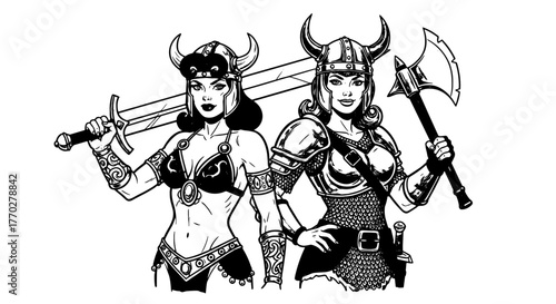 Bold Warrior Women Defending Territory, Confident Gladiators Protecting Homeland in Fantasy Realm, Strong Heroines Ready for Battle, Sword and Axe Armed, Vintage Style Illustration for Posters and Adv