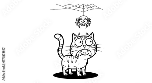 Scared Cartoon Cat Staring at Spider in Web Above | Frightened Kitten with Wide Eyes | Humorous Animal Illustration for Halloween, Kids' Content, Animation, Web Design and Comic | Funny Pet Expression
