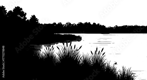 Serene Lakeside Silhouette: Cattails Reflecting in Calm Water at Dusk - A Peaceful Nature Scene for Meditation, Relaxation, and Environmental Awareness, Ideal for Website Backgrounds, Marketing Materi