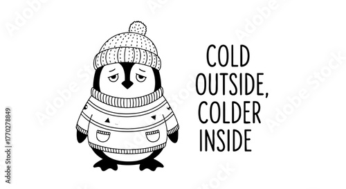 Sad Penguin Feeling Cold in Winter, Wearing a Knitted Hat and Sweater, Expressing Winter Blues Inside and Out, Conceptual Illustration for Seasonal Greetings, Marketing Materials, Web Design, Featurin