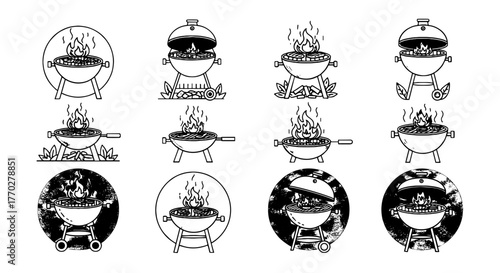 Stylized BBQ Grill Icons for Summer Cookout Promotions Featuring Charcoal Grills with Flames, Ideal for Restaurant Advertising and Outdoor Recreation Events, Perfect for Black and White Menu Design, R
