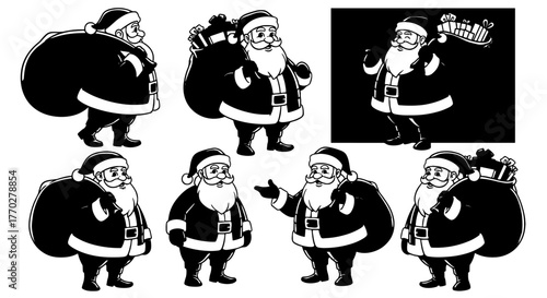 Festive Santa Claus Illustrations Delivering Christmas Cheer: Vintage Cartoon Characters with Presents, Holiday Greetings for Seasonal Marketing, Traditional Vector Art in Black and White for Children
