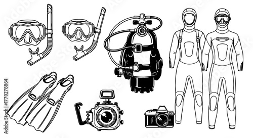 Scuba Diving Equipment Ready for Underwater Exploration: Snorkel Gear, Wetsuits, and Cameras for Marine Adventure Preparation and Aquatic Sports Activities - Line Art Illustrations for Graphic Design