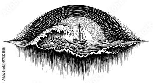 Sailing Vessel Navigating Stormy Seas Under Celestial Wave Arch, Overcoming Challenges, Maritime Adventure, Nautical Illustration for Travel, Tourism, and Marine Industry, Black and White Engraving St