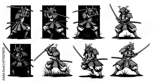 Samurai Warriors in Attack Stance: Ancient Japanese Swordsmen Ready for Battle, Traditional Armor, Asian Martial Arts, Historical Figures, Cultural Heritage, Vector Illustrations for Graphic Design, G