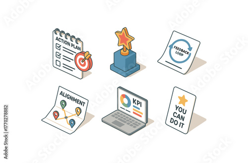 isometric icon items isolated on white background goal setting action plan goal setting reward system goal setting feedback loop goal setting alignment map goal setting KPI dashboard goal